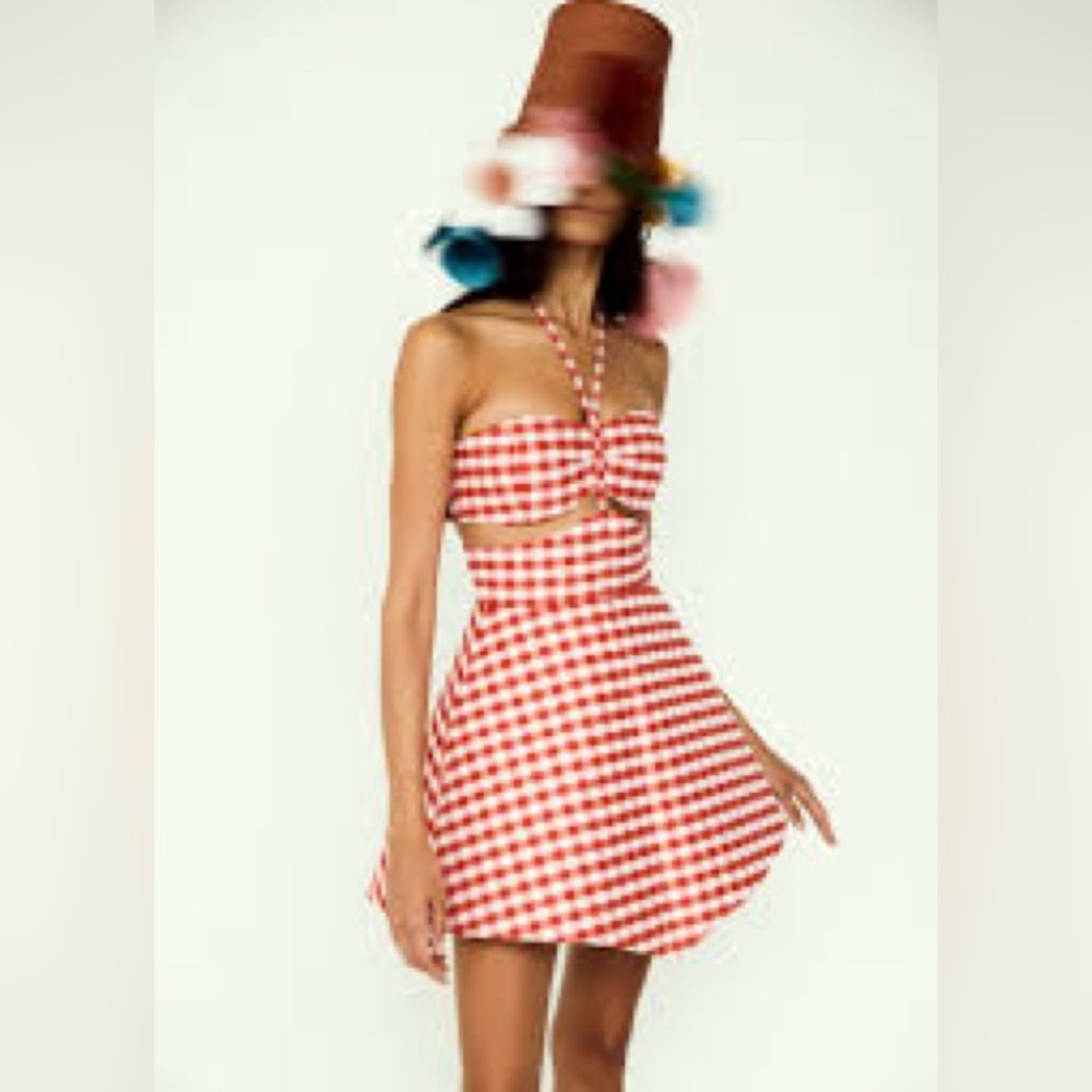 Rosie Assoulin Red and White Checkered Halter Dress